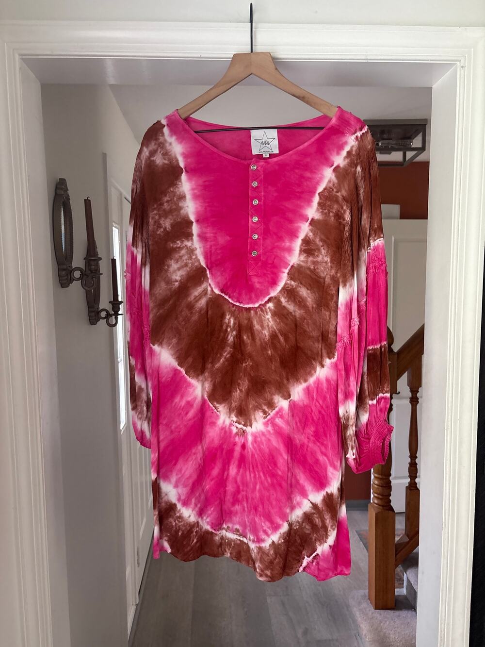Area Stars Pink Tie Dye Henley Dress Small Long Sleeve Hippie Boho Festival
